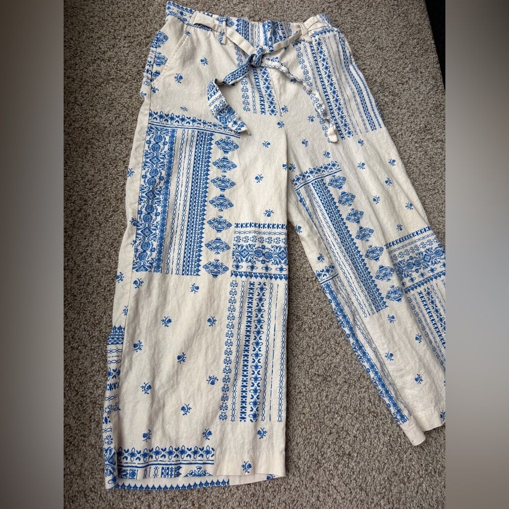 Joie Size 10 Linen Blend Wide Leg Cropped Pants Blue off White Mosaic Culottes